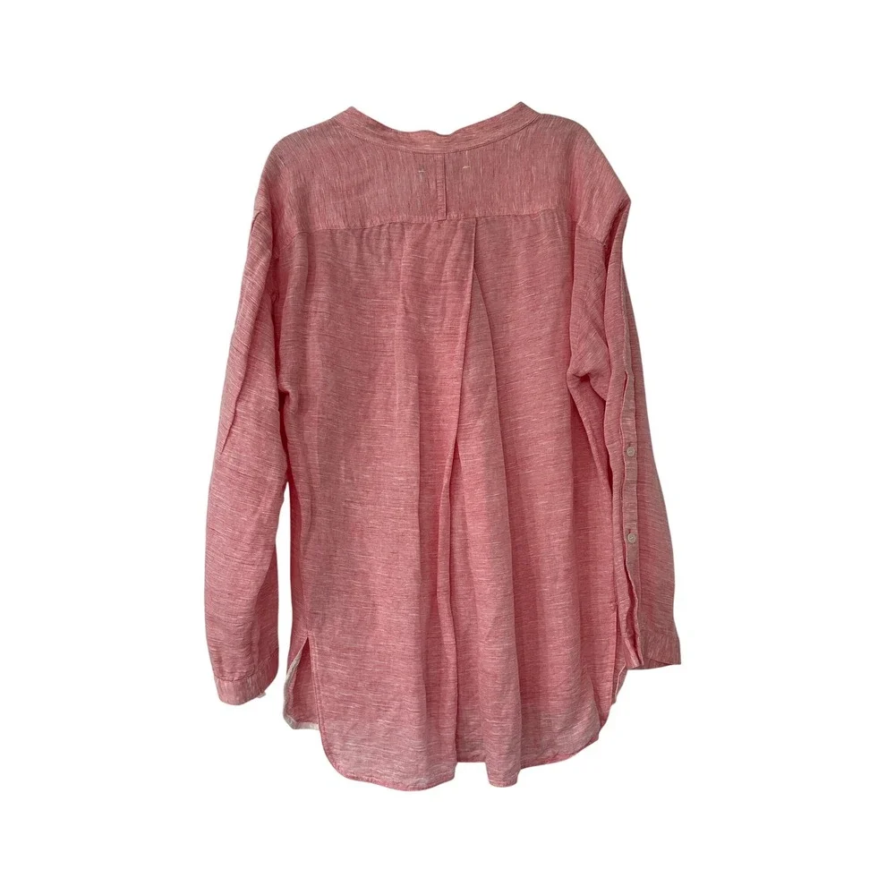Lafayette 148 New York Coral Pink Slub Linen Button Down Shirt Band Collar Sz M - Picture 2 of 3